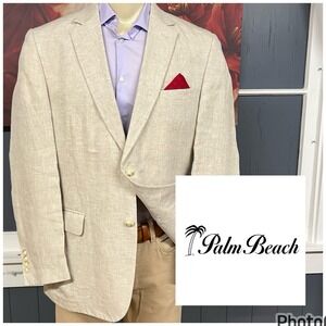 Palm Beach Linen Blazer Jacket Sport Coat Mens 42R Classic Fit Light Beige